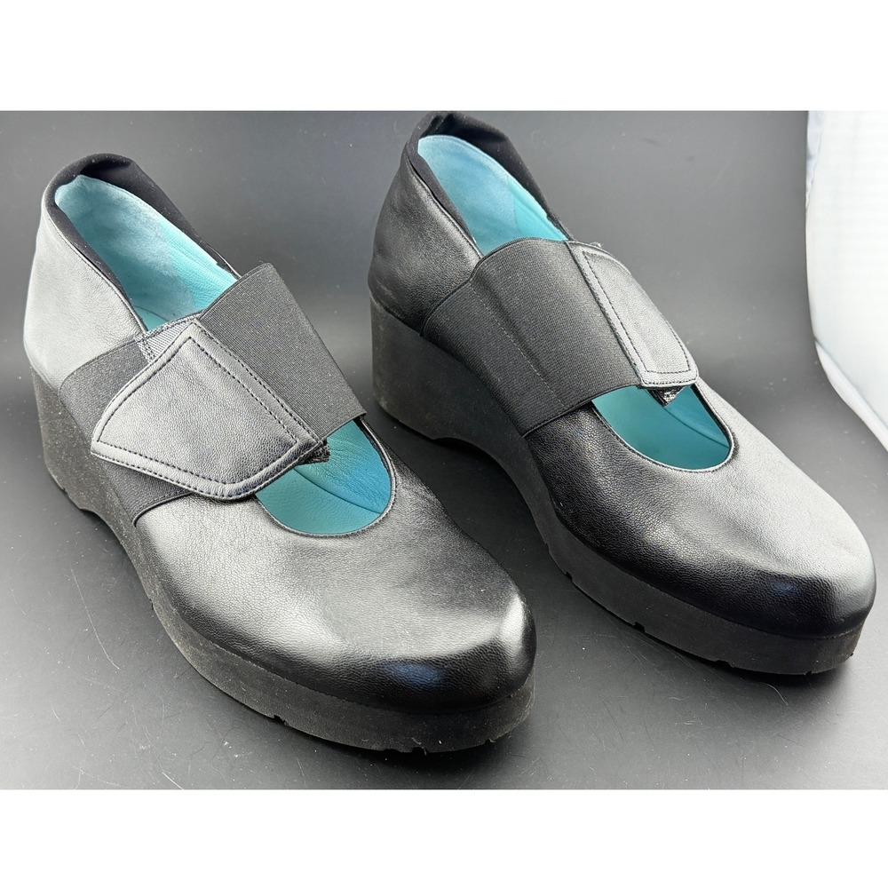 Thierry Rabotin-Black Leather Platform Wedge Shoes, Made in Italy, Womens 6.5/37